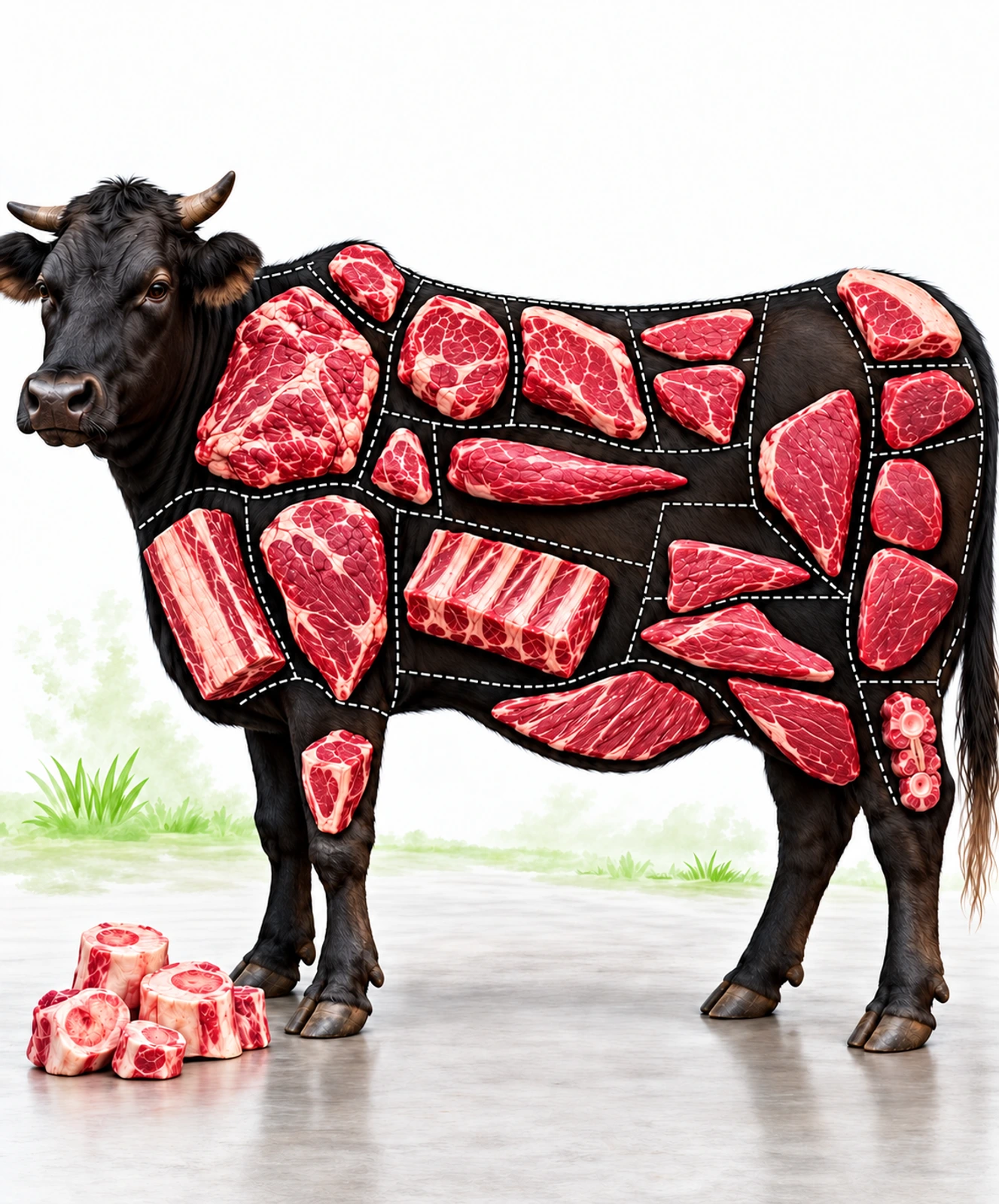 Illustrative cow with beef portions. Use the numbered clickable regions or the cut selector below.