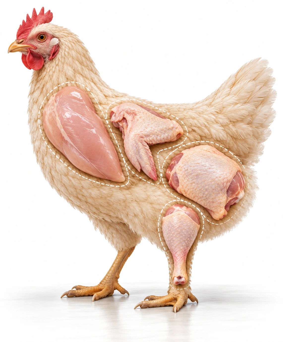 Illustrative photorealistic chicken with raw breast, wing, thigh and drumstick cuts. Select a numbered cut marker.