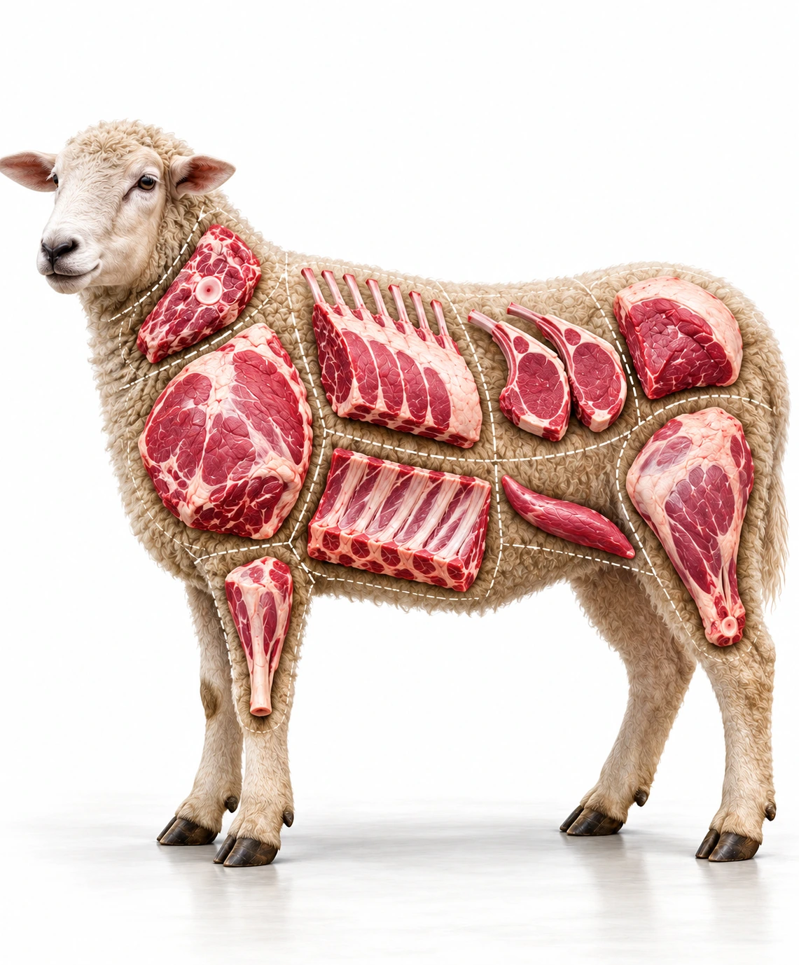 Illustrative photorealistic lamb with raw lamb cuts arranged over approximate regions. Use the numbered cut markers.