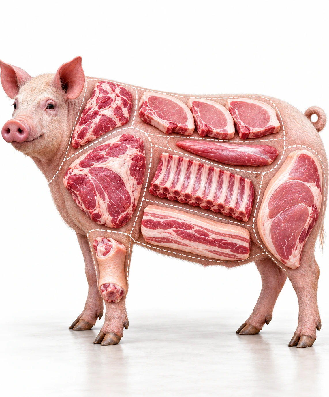 Illustrative photorealistic pig with raw pork cuts arranged over approximate regions. Use the numbered cut markers.